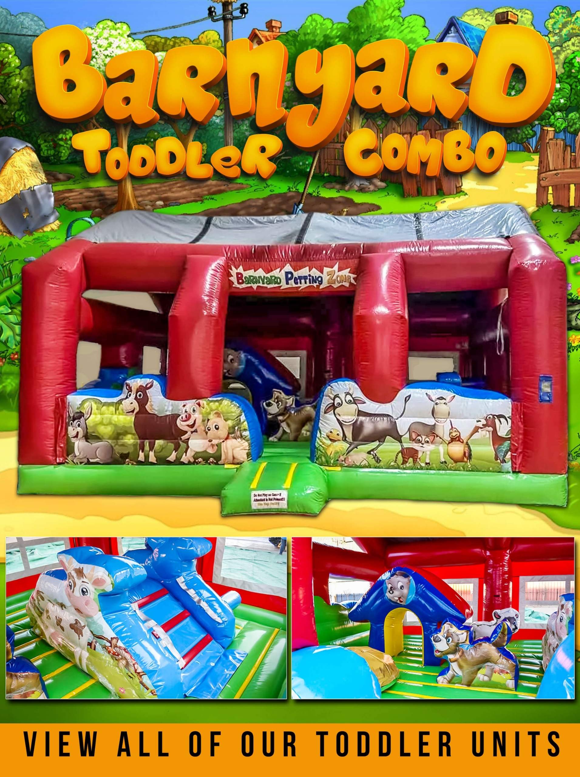Barnyard Farm toddler combo bounce house rental detail view for Schaumburg IL birthday parties — view all toddler units