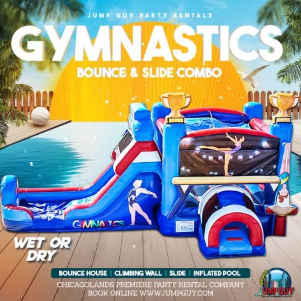 Gymnastics bounce house and slide combo with inflated pool wet or dry rental for Schaumburg IL birthday parties and park district events in 60194
