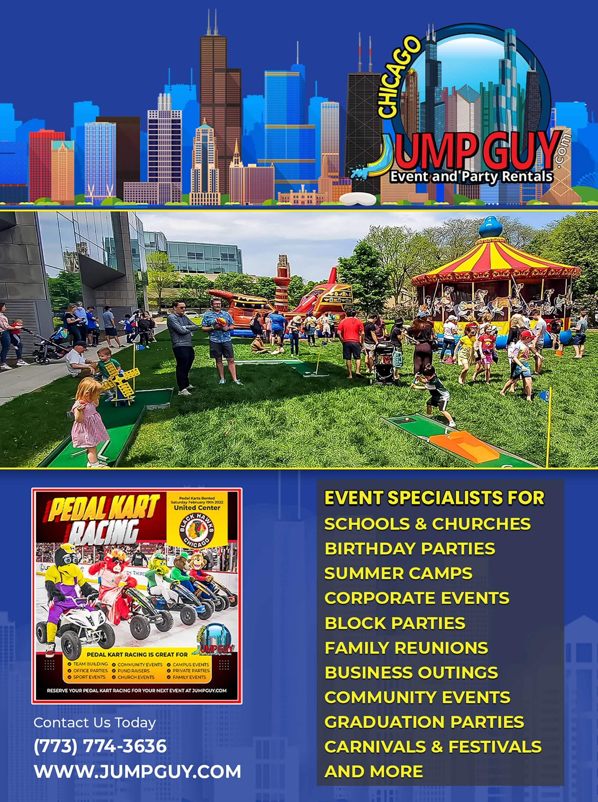 Jump Guy Party Rentals back cover with inflatable water slides bounce houses carnival games and contact information for Schaumburg IL