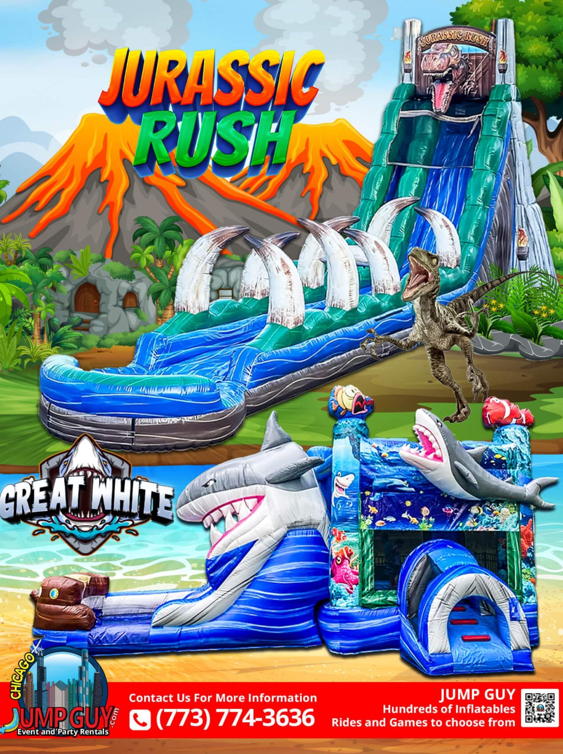 Water slide rentals top rated category card for Schaumburg IL showing Jurassic Rush dual lane slide at 9.70 CPC